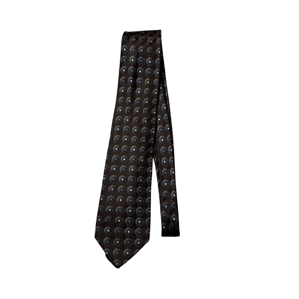 Ermenegildo Zegna Men's Tie Dark Brown Geometric Silk Luxury Size XL